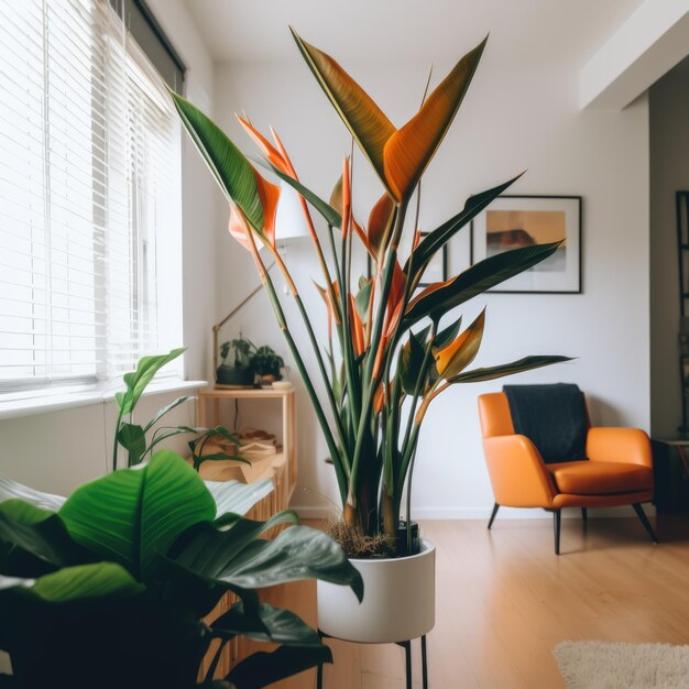 Foto primer plano de la planta y flor de ave del paraíso en la sala de estar creada con tecnología generativa de inteligencia artificial