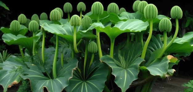 Un primer plano de una planta con la flor de loto verde