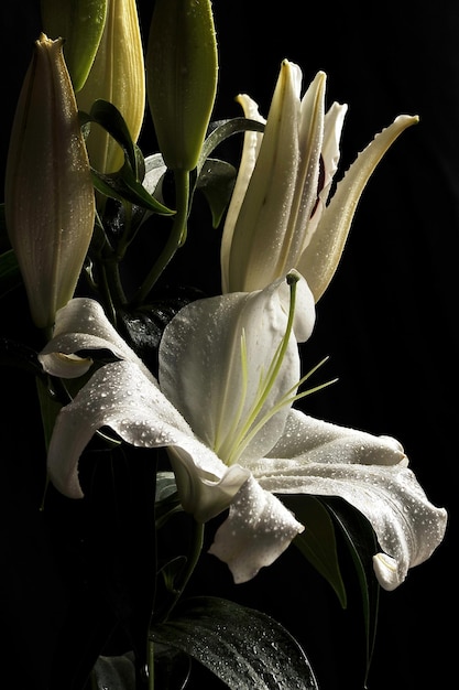 Primer plano de una planta con flores blancas contra un fondo negro
