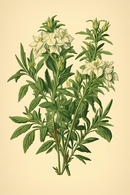 un primer plano de una planta con flores blancas en un fondo beige