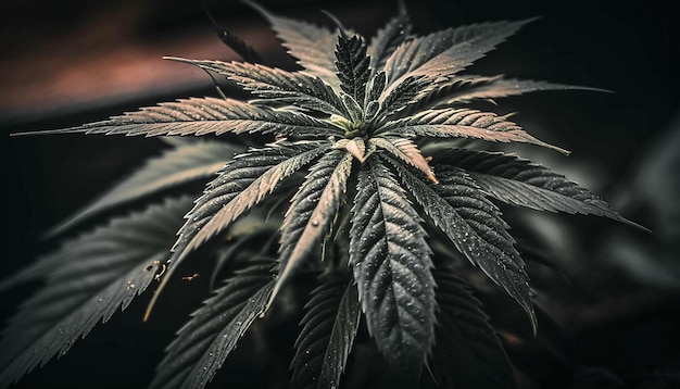 Un primer plano de una planta con un fondo negro y la palabra cannabis en ella.