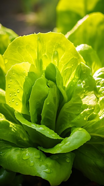 un primer plano de una planta de lechuga con gotas de agua