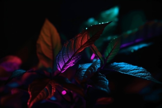 Un primer plano de una planta con luces azules y violetas