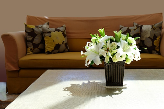 Foto primer plano de una planta en maceta en la mesa en casa