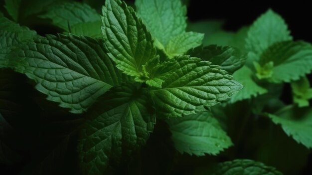 Un primer plano de una planta de menta con un fondo oscuro