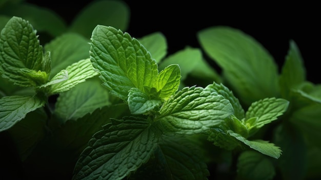 Un primer plano de una planta de menta con un fondo oscuro