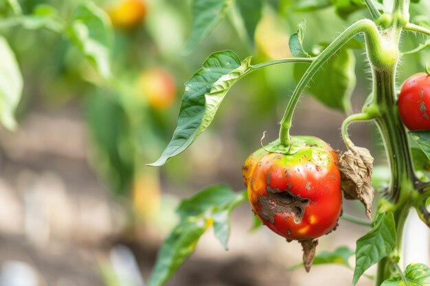 Foto primer plano de una planta de pimienta una vez saludable que sufre de enfermedad del tomate