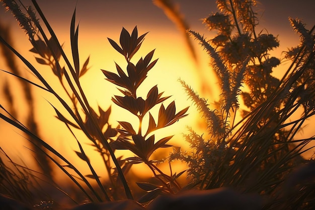 Un primer plano de una planta con la puesta de sol detrás de ella