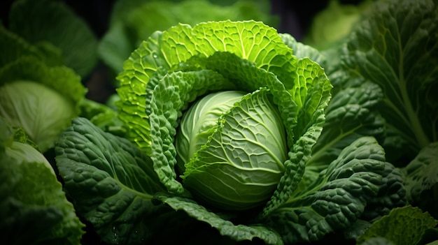 un primer plano de una planta de repollo con hojas