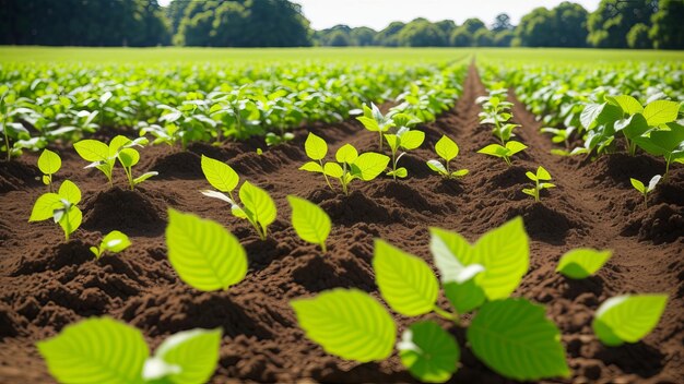 Primer plano de la planta de soja verde en una marca dentro de las partes del centro de la temporada de fabricación Líneas de plantas de soja abundantes Recurso creativo AI Generado