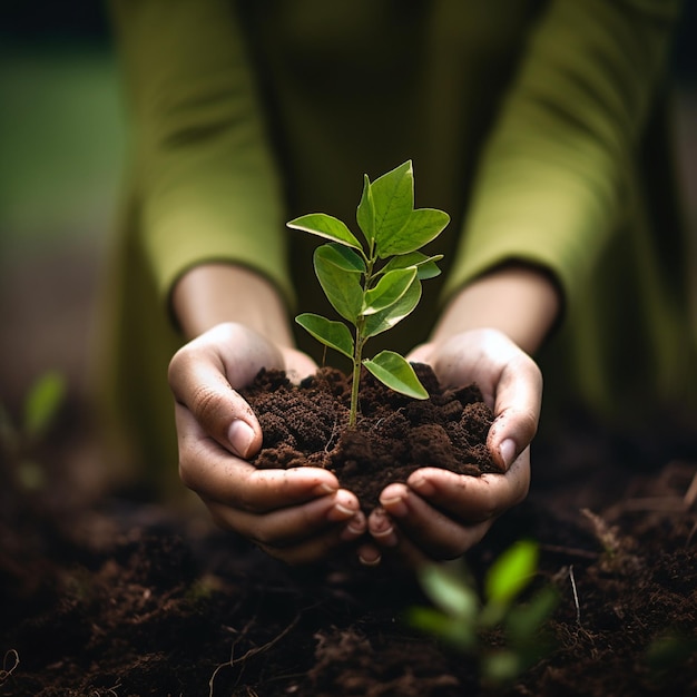 Primer plano de una planta con el suelo sostenido por las manos Concepto ecológico con fondo verde soleado