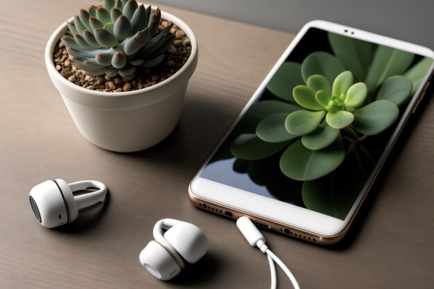 Primer plano de una planta, un teléfono celular y auriculares inalámbricos en una mesa