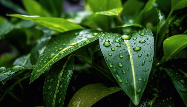 Un primer plano de una planta verde con gotas de lluvia