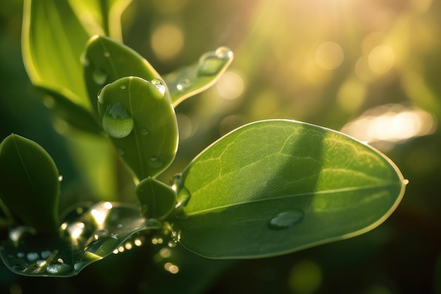 Primer plano de una planta verde con gotas de rocío y rayos de sol matutinos