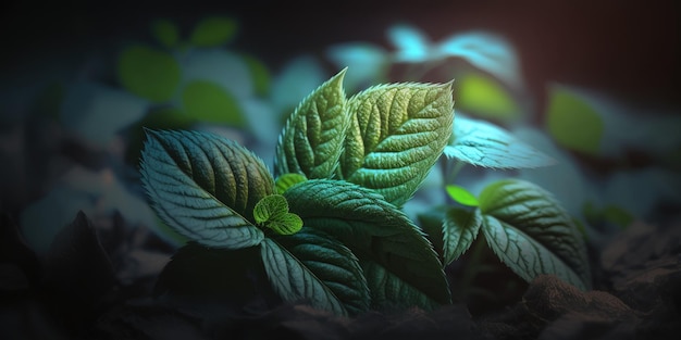 Un primer plano de una planta verde con hojas de IA generativa
