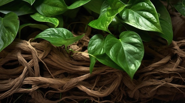 Un primer plano de una planta verde con las hojas sobre ella