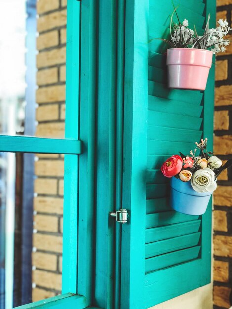 Foto primer plano de plantas en maceta en la puerta de la ventana