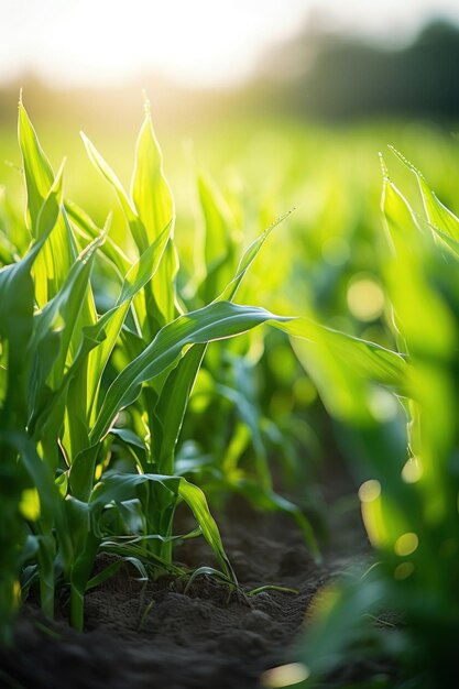 Un primer plano de las plantas de maíz verdes en un campo