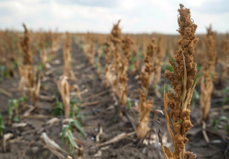 Un primer plano de plantas secas y marchitadas en un campo afectado por una mala cosecha