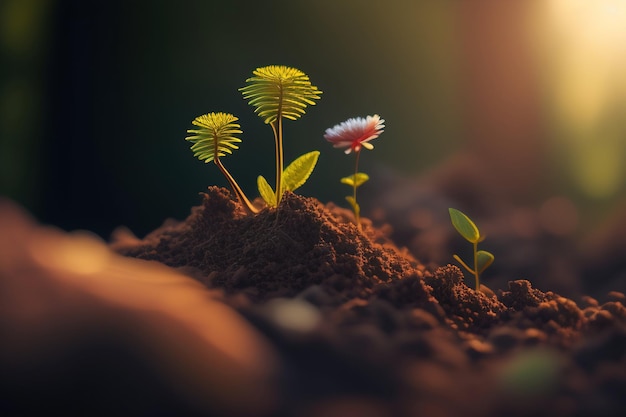 Un primer plano de plantas con el sol brillando sobre ellas