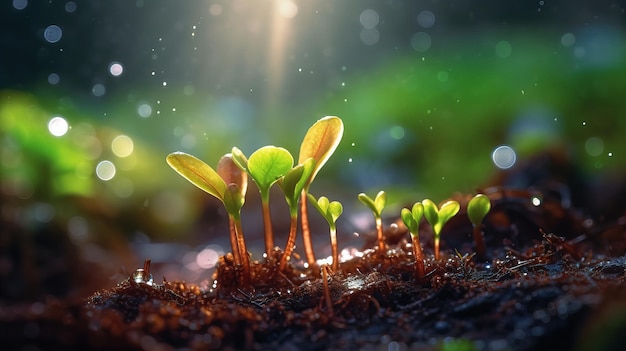 Un primer plano de plantas con el sol brillando sobre ellas