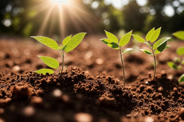 Un primer plano de las plantas en el suelo con el sol brillando sobre ellas