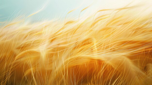 Un primer plano de plantas de trigo balanceándose en el viento en un paisaje agrícola llano