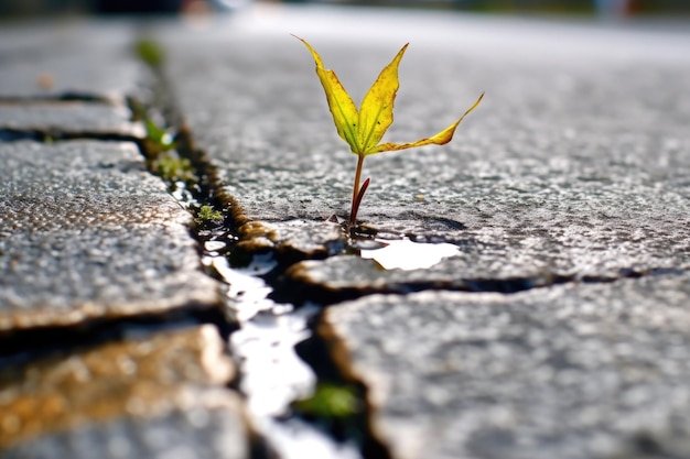 Primer plano de una plántula de diente de león que emerge de una grieta en el pavimento