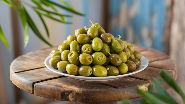 Primer plano de un plato con aceitunas en una superficie de madera