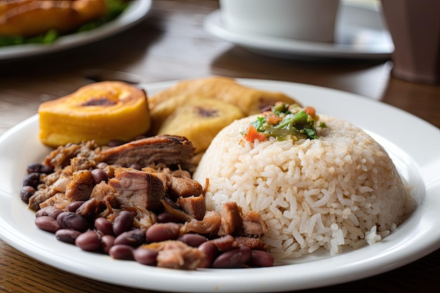 Primer plano de un plato de comida colombiana con arroz, frijoles y carne creado con ai generativo