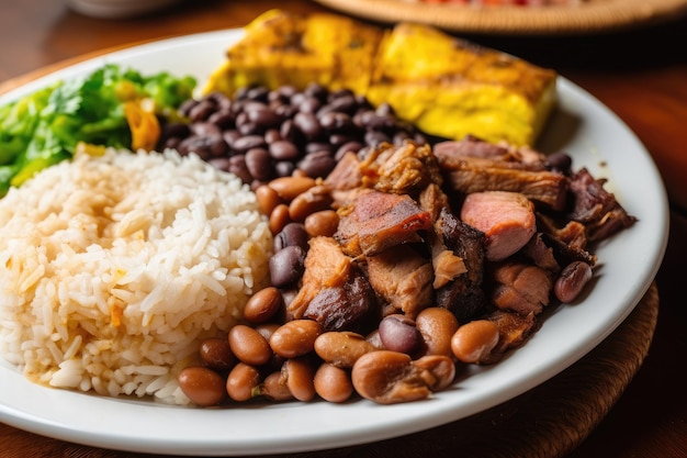 Primer plano de un plato de comida colombiana con arroz, frijoles y carne