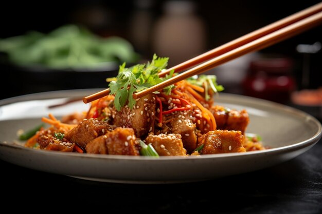 Foto un primer plano de un plato de comida con comida china