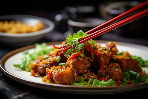 Foto un primer plano de un plato de comida con comida china