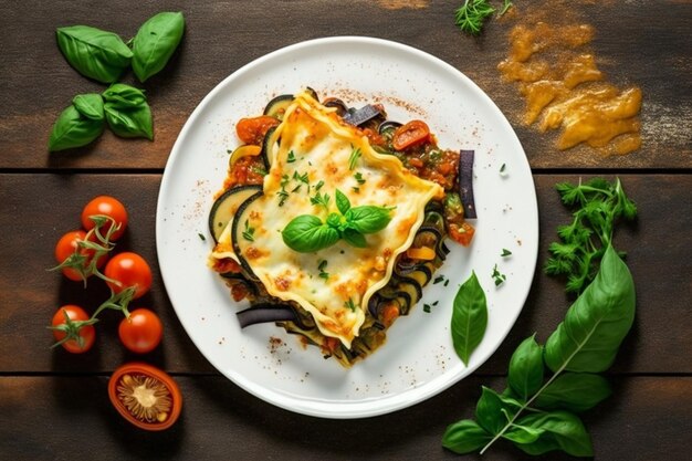 Foto un primer plano de un plato de comida con verduras y salsa generativa ai