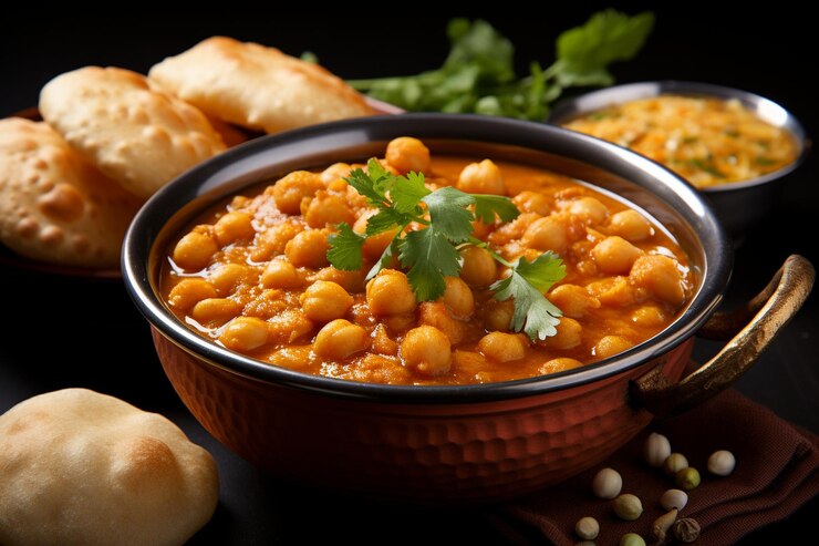 Primer plano de un plato de curry chole con un bhatu suave