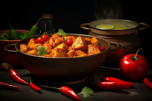 Foto un primer plano de un plato de curry de pollo picante con patatas y tomates