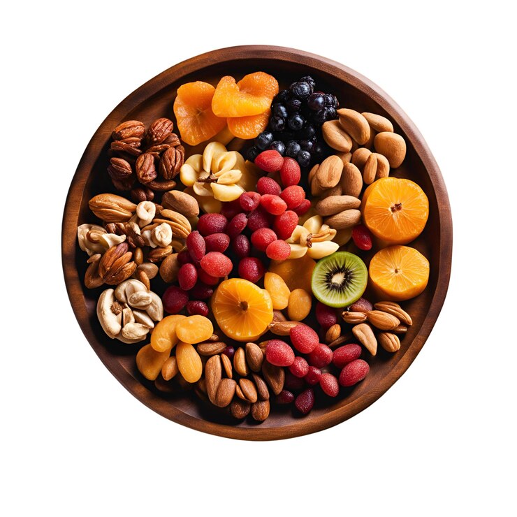 Primer plano de un plato de diferentes tipos de frutas secas con fondo blanco