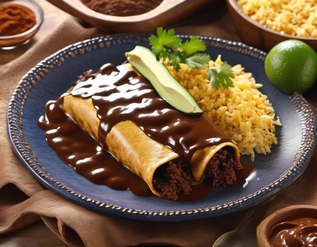 Foto un primer plano de un plato de enchiladas de mole cubierto de una rica y aterciopelada salsa de mole