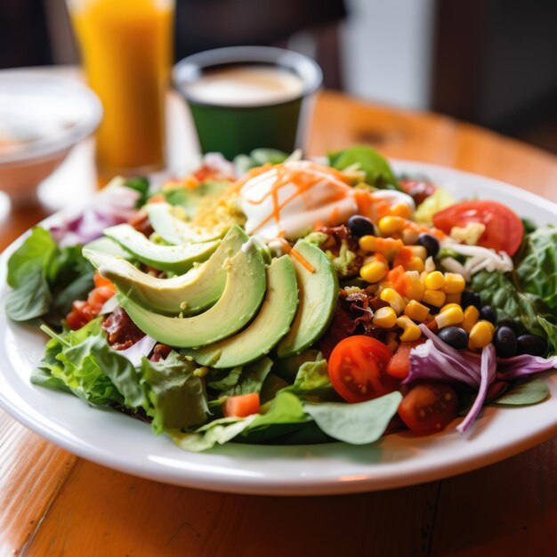 Primer plano de un plato de ensalada fresca con verduras creado con tecnología de IA generativa