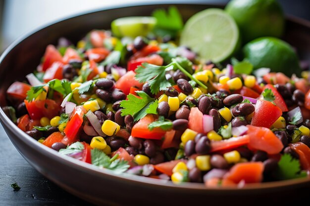 Un primer plano de un plato de ensalada de frijol negro y maíz con vinagre de lima