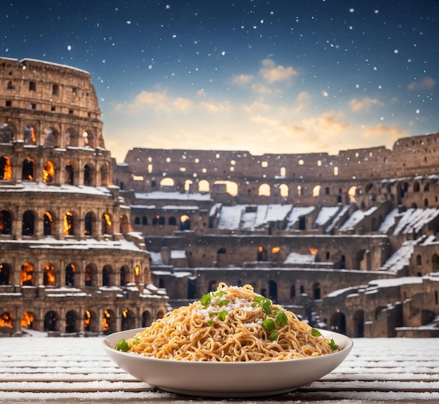 Foto primer plano de un plato de espagueti frente al coliseo en roma, italia