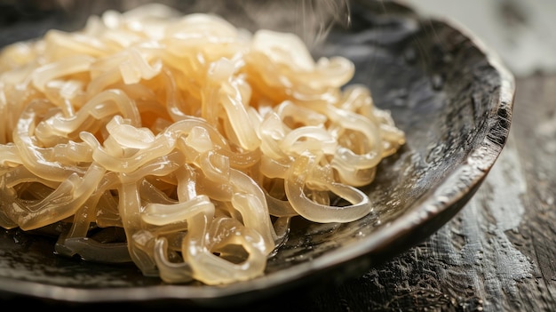 Un primer plano de un plato de fideos shirataki chinos en un fondo rústico