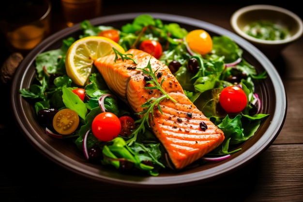 Primer plano de un plato con filete de salmón y verduras frescas del mercado local ensalada verde con tomate