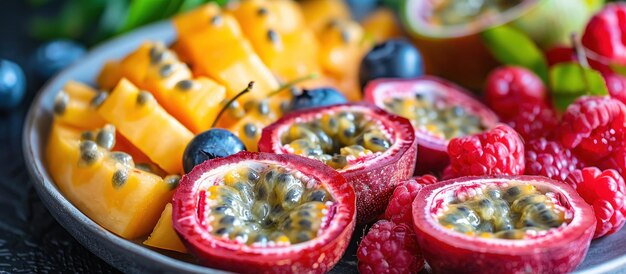 Foto un primer plano de un plato de frutas en una mesa