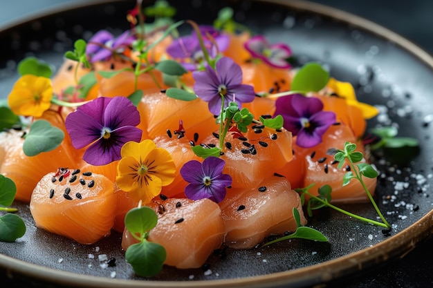 Primer plano de un plato gourmet con flores comestibles