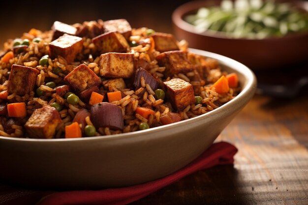 Un primer plano de un plato de jambalaya vegana picante con tofu y verduras