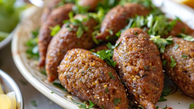 Primer plano de un plato de kibbeh, un plato del Medio Oriente hecho con carne molida con especias y trigo bulgur frito hasta la perfección crujiente