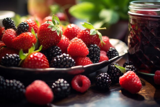 Foto un primer plano de un plato lleno de fresas frescas frambuesas y moras los colores vibrantes de las bayas se complementan con un frasco de mermelada de bayas en el fondo