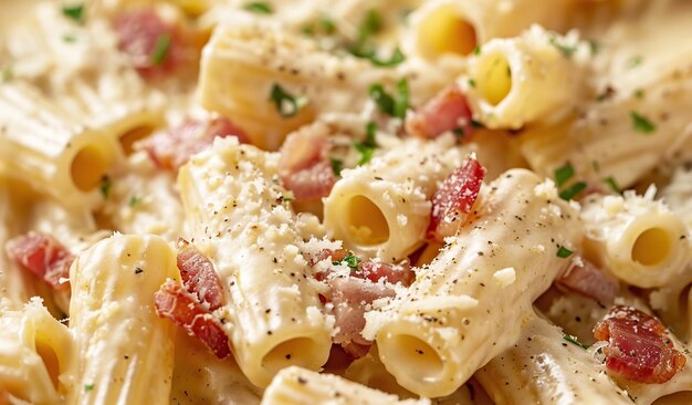 Primer plano de un plato de pasta con tocino y queso