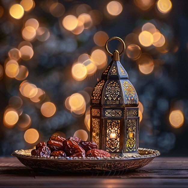 Primer plano de un plato de plata con frutas de dátiles, cuentas de oración y una linterna árabe marroquí oscura ornamental